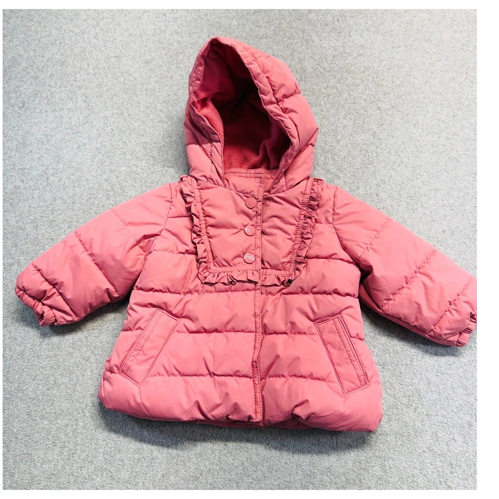 BabyGap Puffer Jacket Baby Girls 6-12 Months Pink Ruffle Hooded Fleece Coat